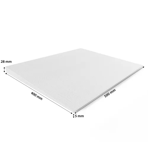 Weiße rechteckige Kalziumsilikat Keilplatte mit den Maßen 500x400x28/5 mm auf weißem Hintergrund