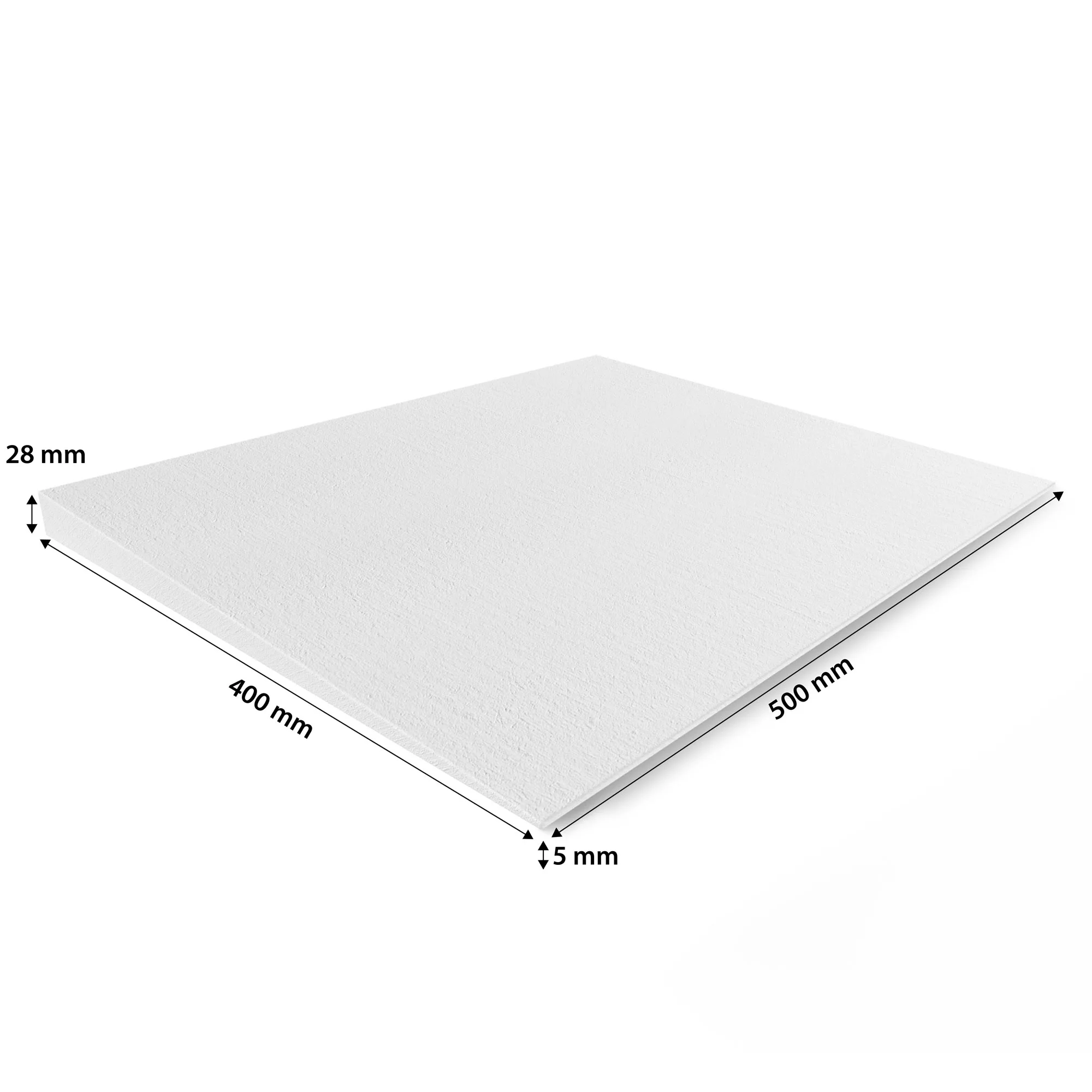 Weiße rechteckige Kalziumsilikat Keilplatte mit den Maßen 500x400x28/5 mm auf weißem Hintergrund