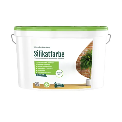 Weißer 5L Eimer Silikatfarbe mit grünem Deckel auf weißem Hintergrund