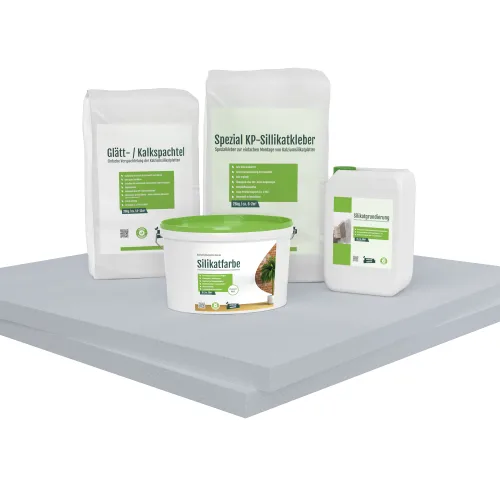 Kombi Sparpack mit Kalziumsilikatplatten, Grundierung, Kleber, Spachtel und Farbe