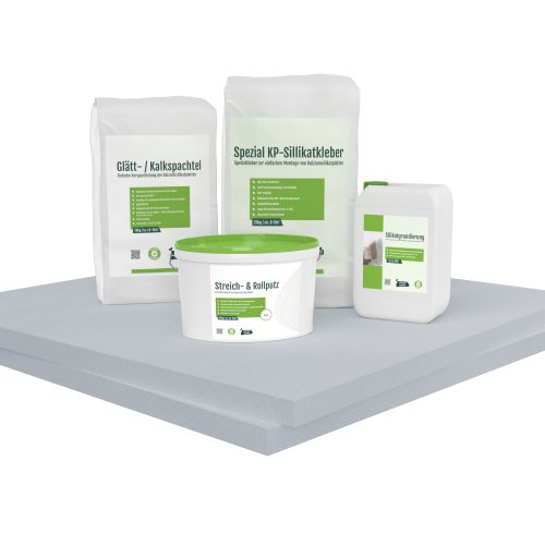 Kombi Sparpack mit Kalziumsilikatplatten, Kleber, Spachtel und Farbe auf grauem Hintergrund