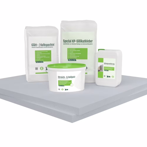 Kombi Sparpack mit Kalziumsilikatplatten, Kleber, Spachtel und Farbe auf grauem Hintergrund