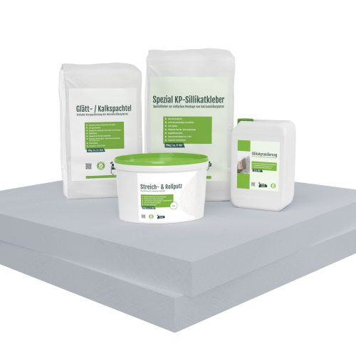 Kombipaket mit Kalziumsilikatplatten, Kleber, Spachtel, Grundierung und Farbe auf grauer Oberfläche