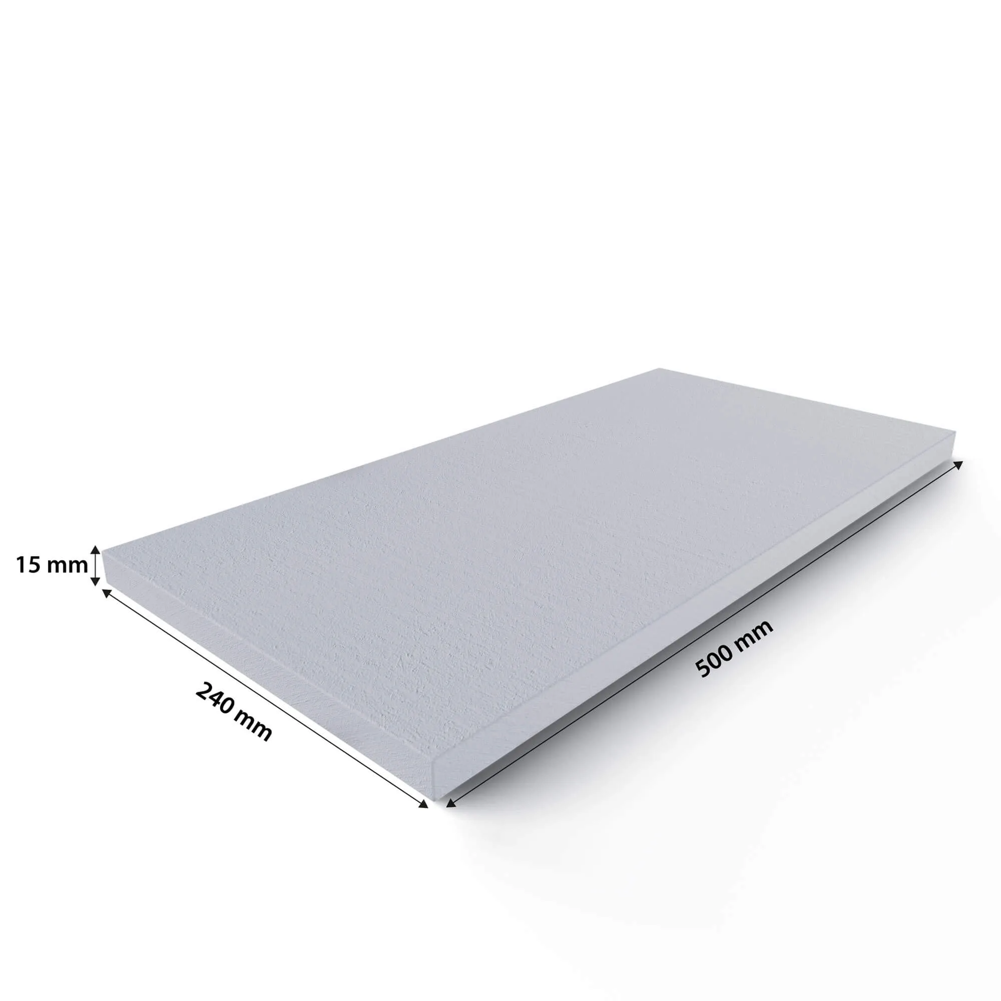 Graue Kalziumsilikatplatte 500x240x15 mm auf weißem Hintergrund