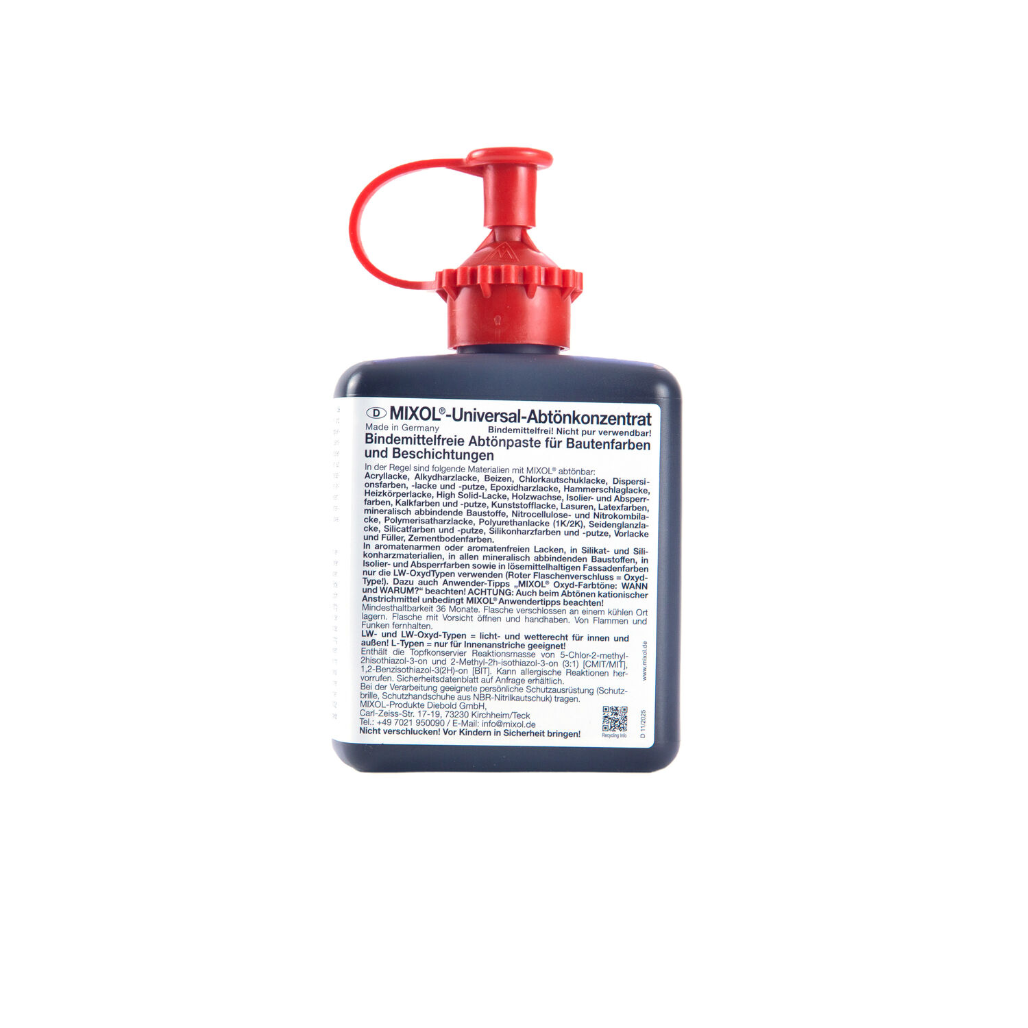 Rückseite einer Flasche Mixol Universal-Abtönkonzentrat mit rotem Verschluss auf weißem Hintergrund
