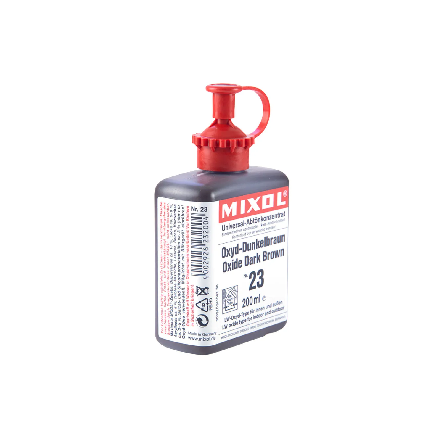 Flasche Mixol Universal-Abtönkonzentrat Oxyd-Dunkelbraun auf weißem Hintergrund