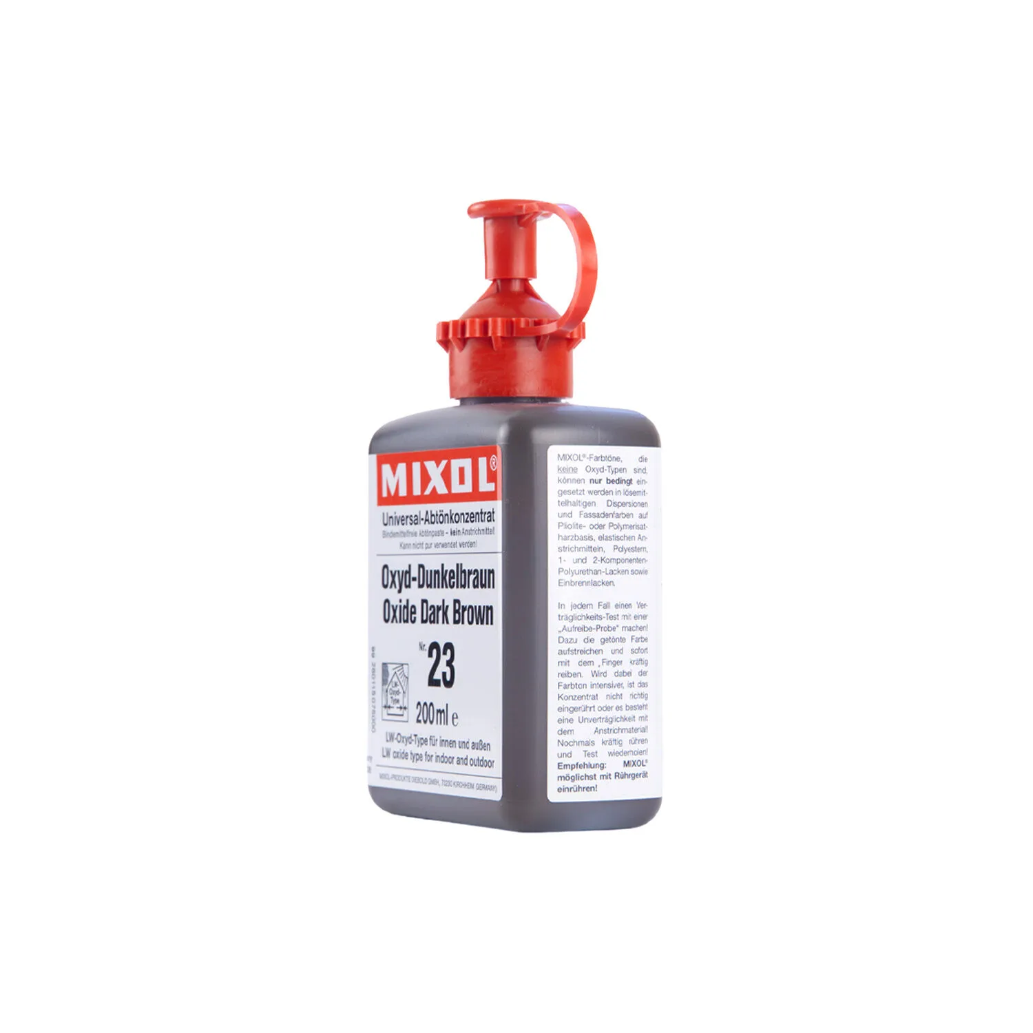 Mixol Abtönkonzentrat Flasche in Oxyd-Dunkelbraun mit rotem Verschluss auf weißem Hintergrund