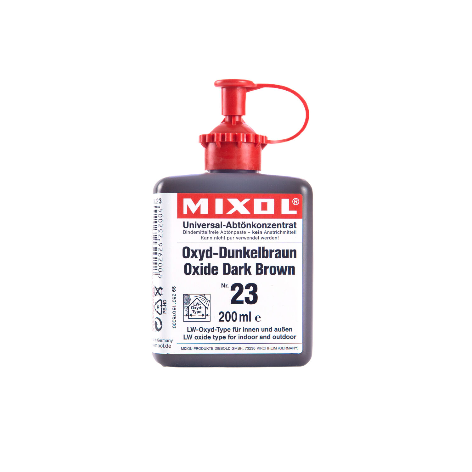 Mixol Abtönkonzentrat in Oxyd-Dunkelbraun auf weißem Hintergrund