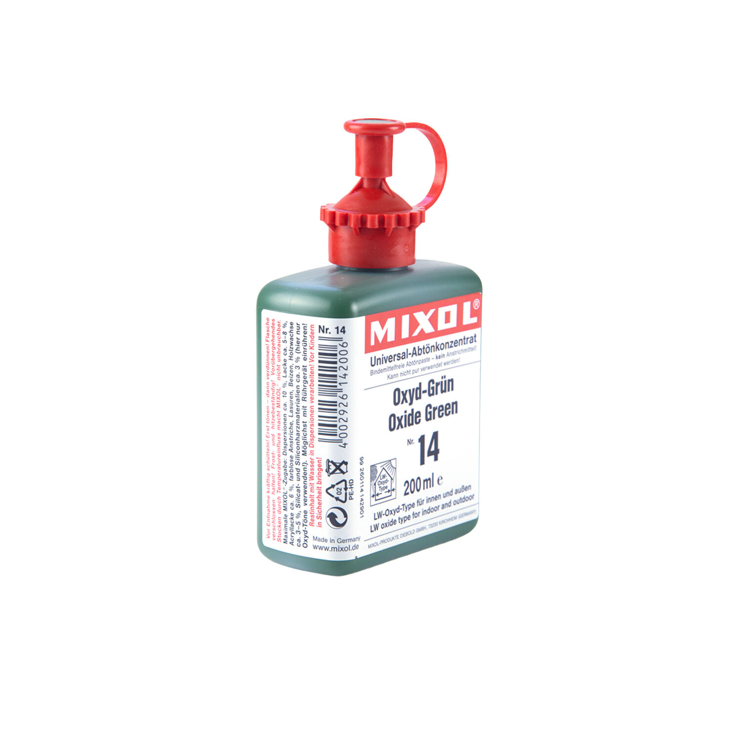 Grüne Mixol Abtönkonzentratflasche mit rotem Verschluss auf weißem Hintergrund