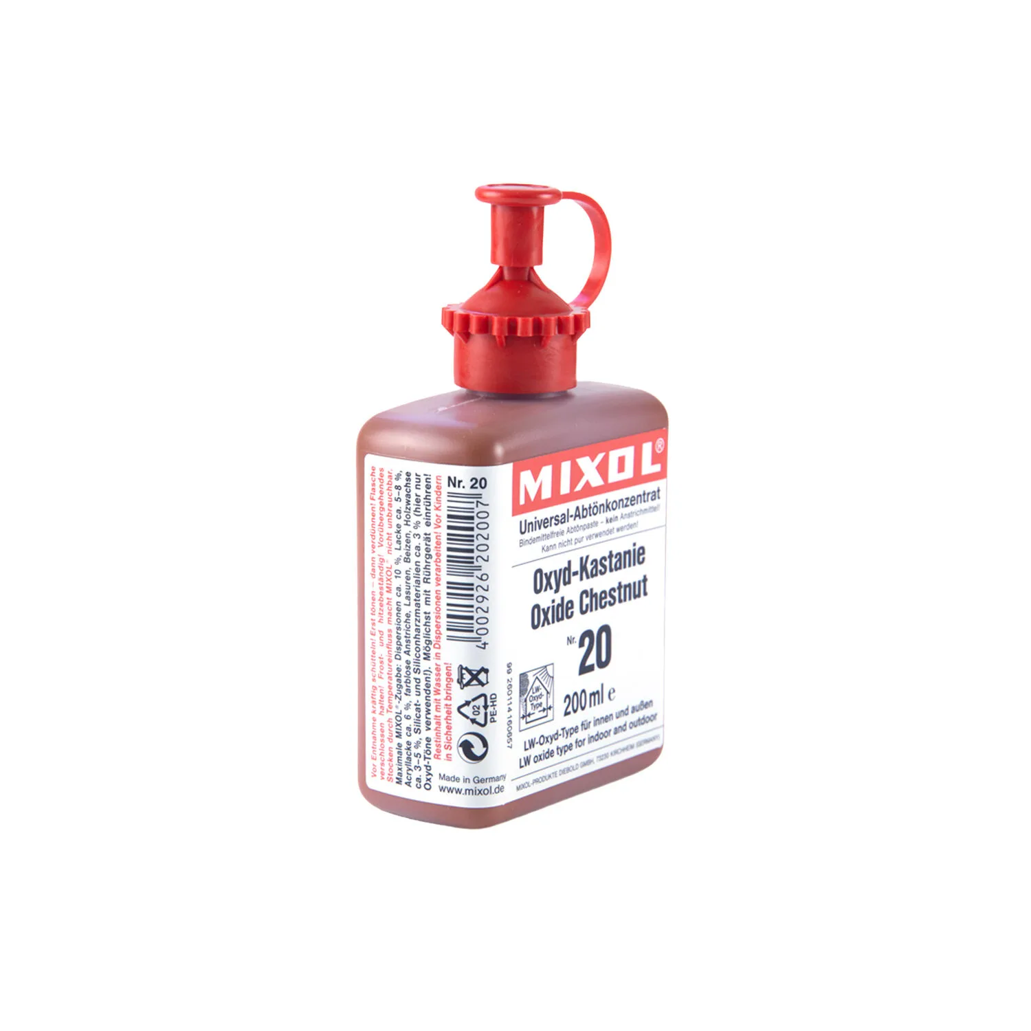 Braune Mixol Flasche mit rotem Verschluss und Etikett auf weißem Hintergrund