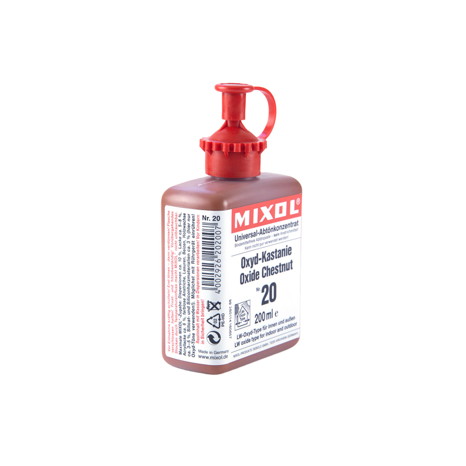 Braune Mixol Flasche mit rotem Verschluss und Etikett auf weißem Hintergrund