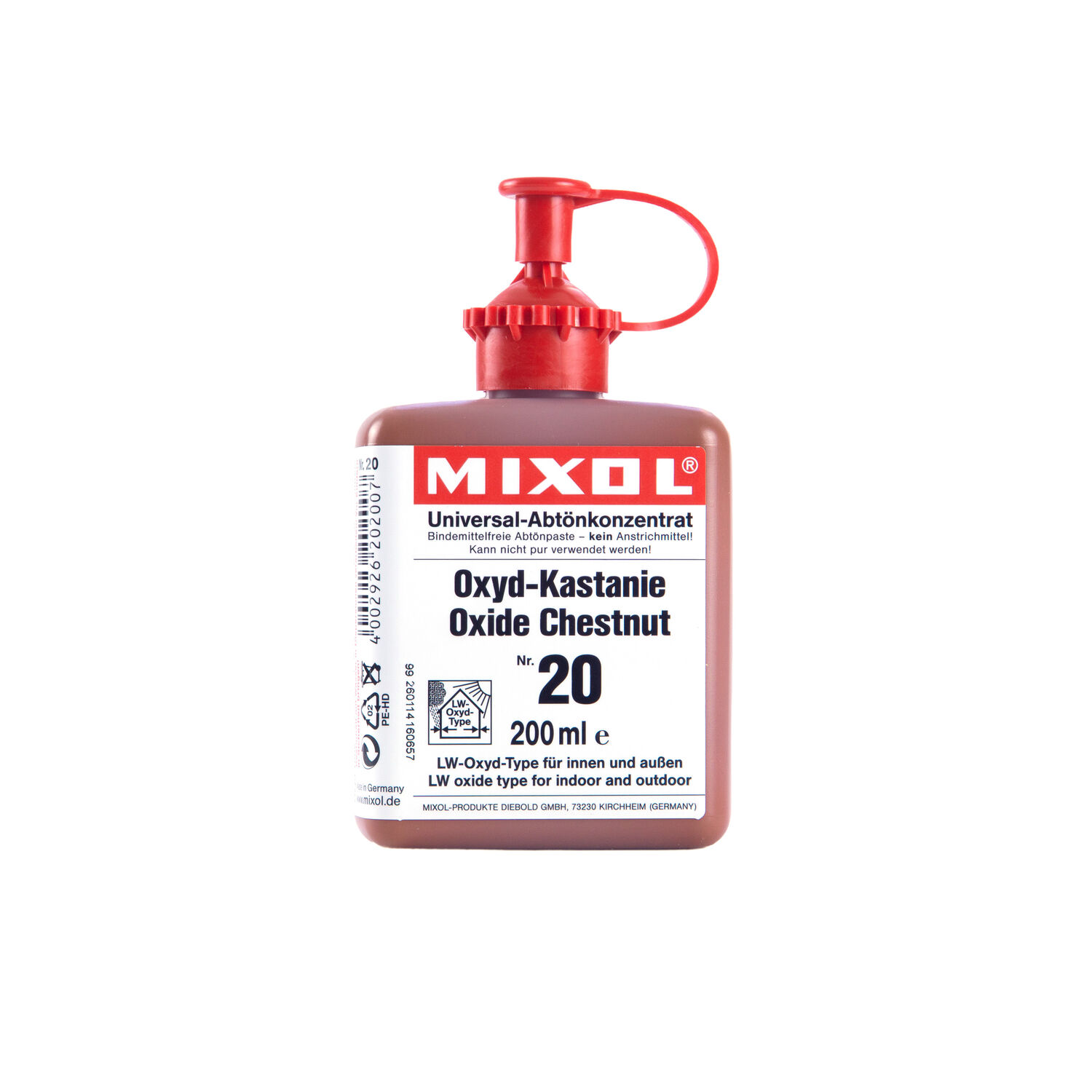 Mixol Abtönkonzentrat in Oxyd-Kastanie 200ml auf weißem Hintergrund