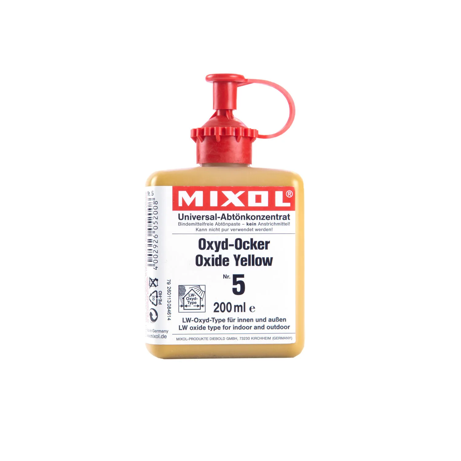 Mixol Abtönkonzentrat in Oxyd-Ocker, 200ml Flasche auf weißem Hintergrund