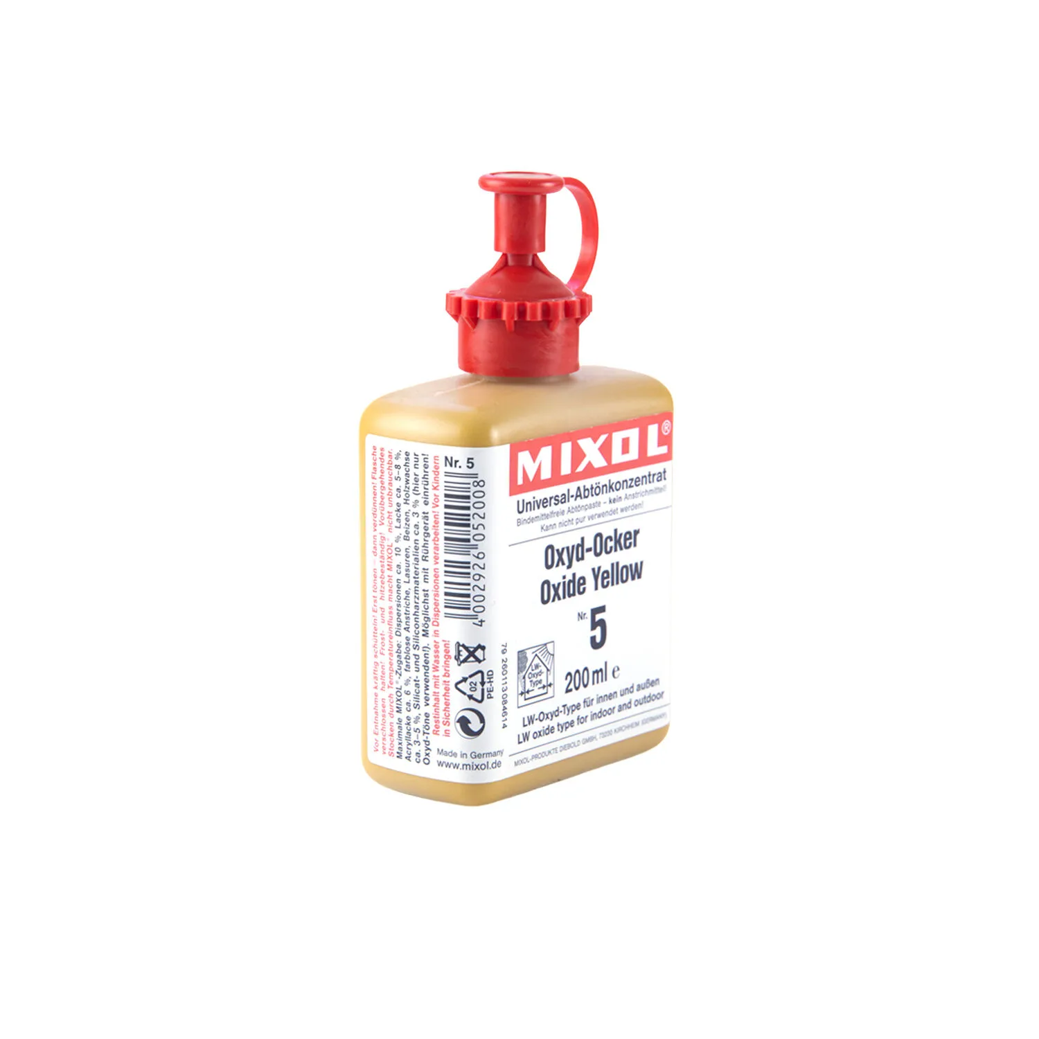 Mixol Abtönkonzentrat in Oxyd-Ocker, 200ml Flasche, auf weißem Hintergrund