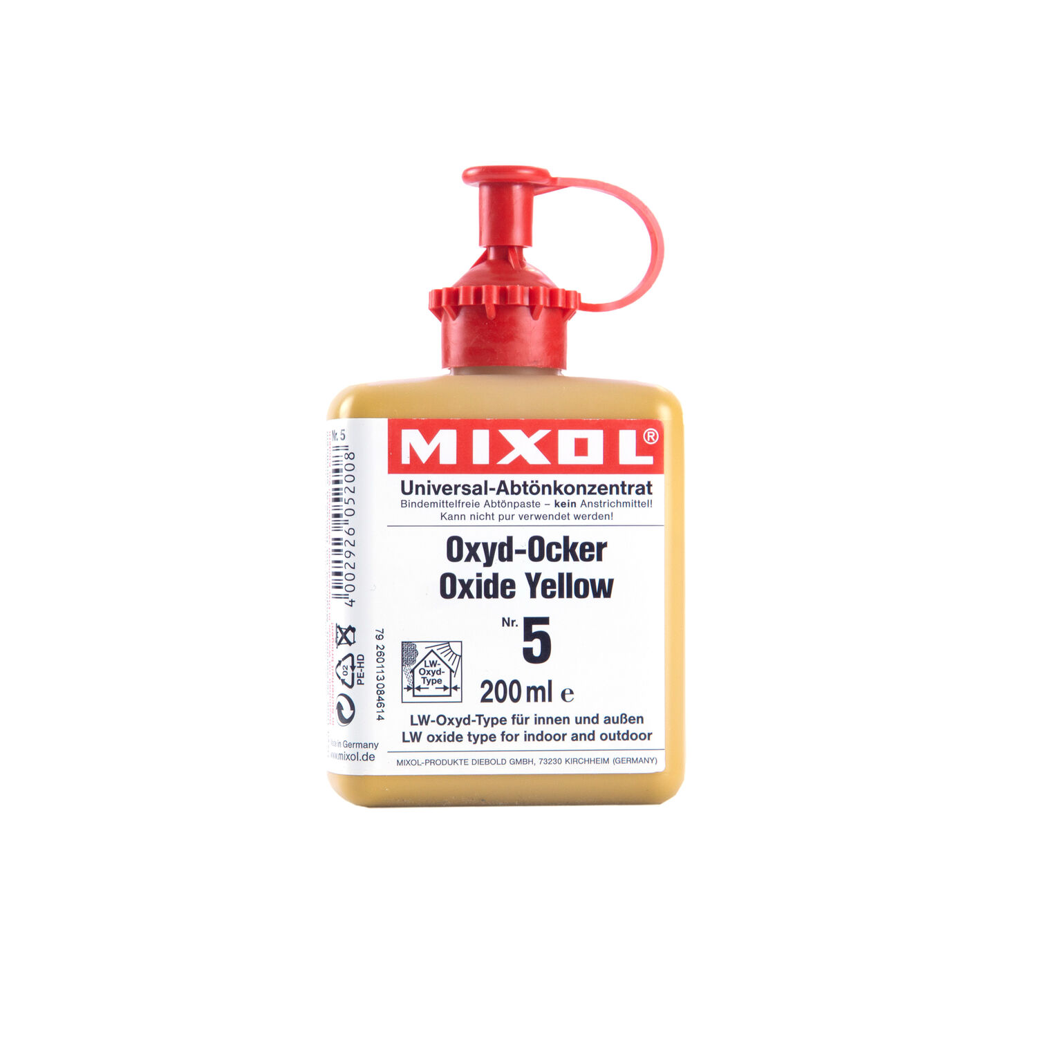 Mixol Abtönkonzentrat in Oxyd-Ocker, 200ml Flasche auf weißem Hintergrund