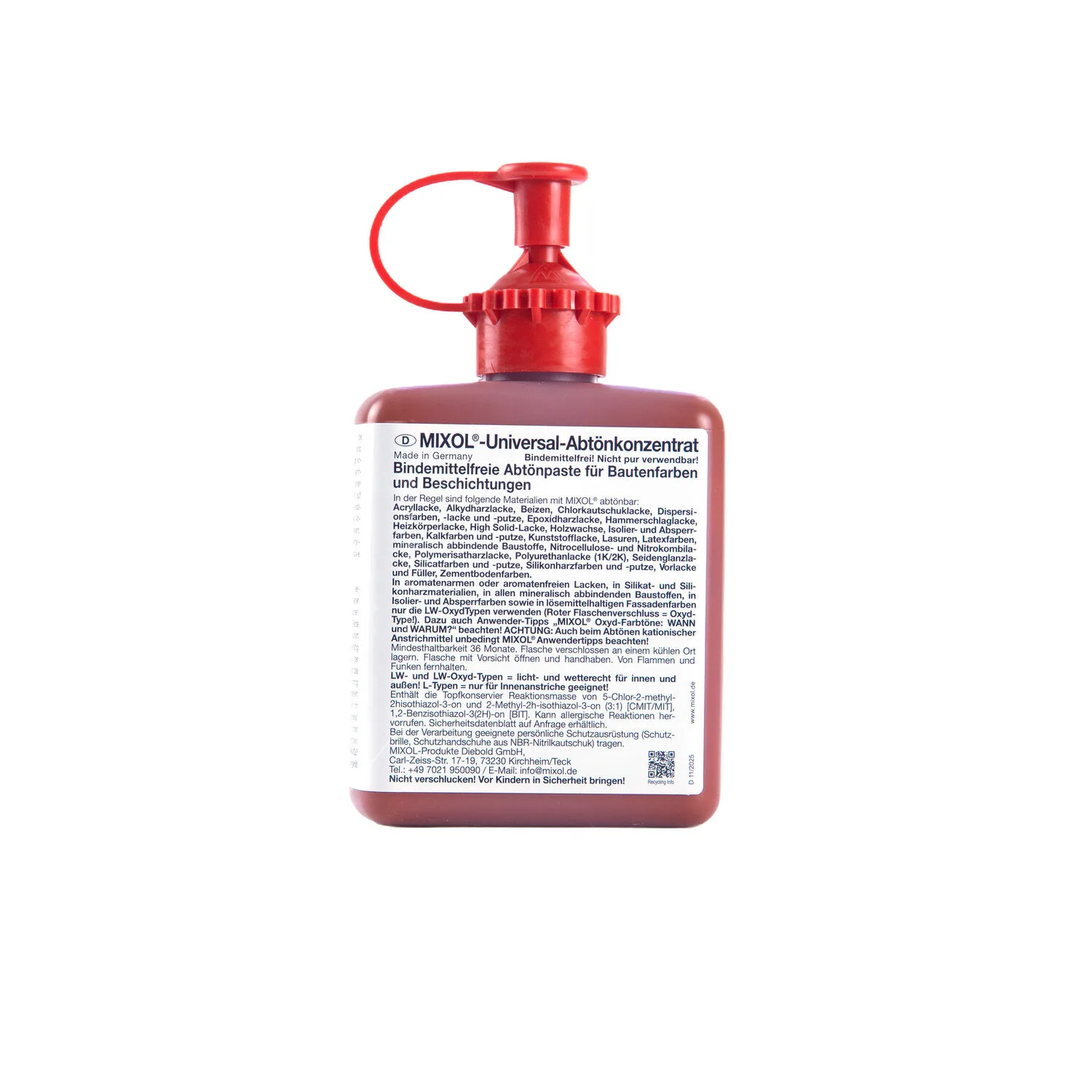 Rückseite einer 200-ml Flasche Mixol Universal-Abtönkonzentrat in Oxyd-Rot auf weißem Hintergrund