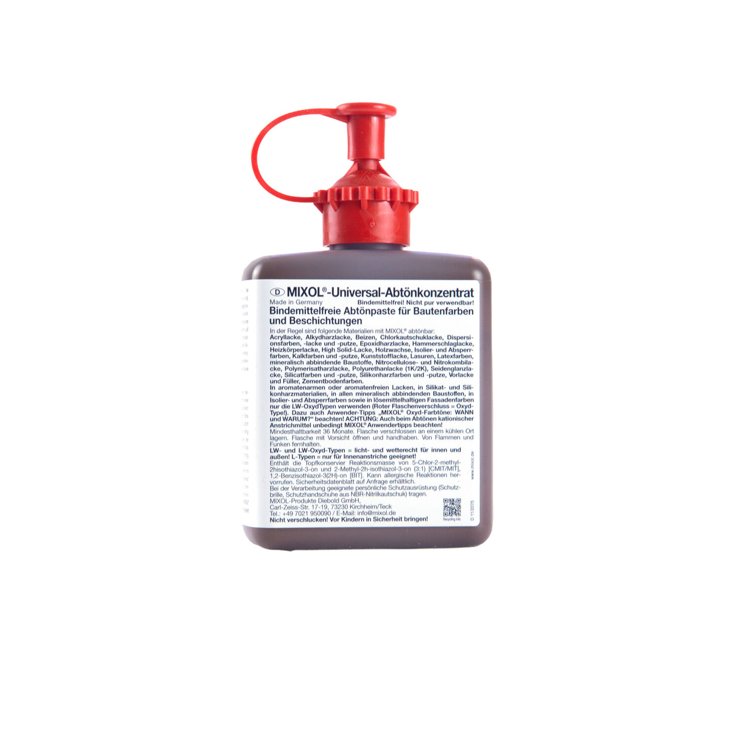 Rückseite der Mixol Universal-Abtönkonzentrat Flasche, 200-ml, mit rotem Verschluss auf weißem Hintergrund