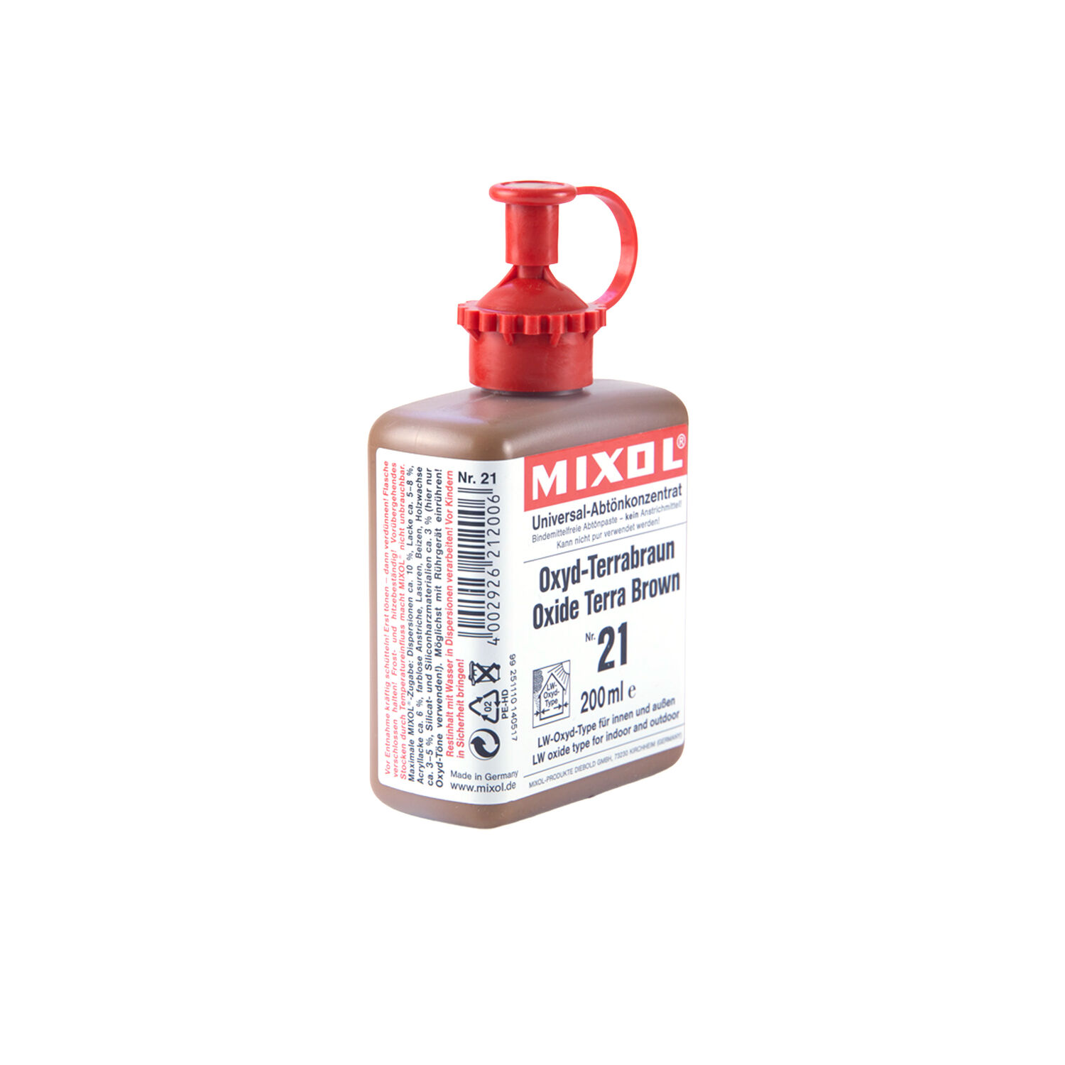 Mixol Abtönkonzentrat 200ml Flasche in Oxyd-Terrabraun auf weißem Hintergrund