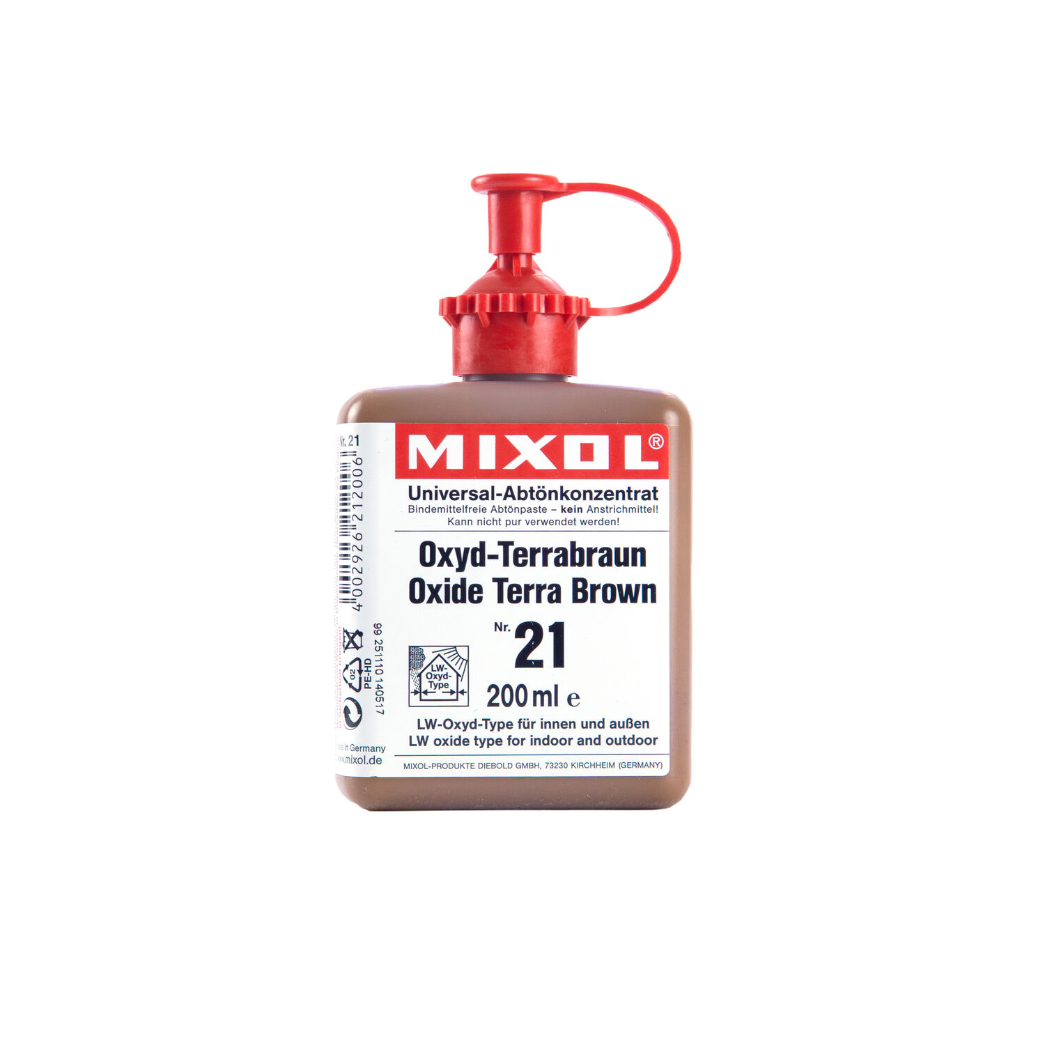 Mixol Universal-Abtönkonzentrat in Oxyd-Terrabraun auf weißem Hintergrund