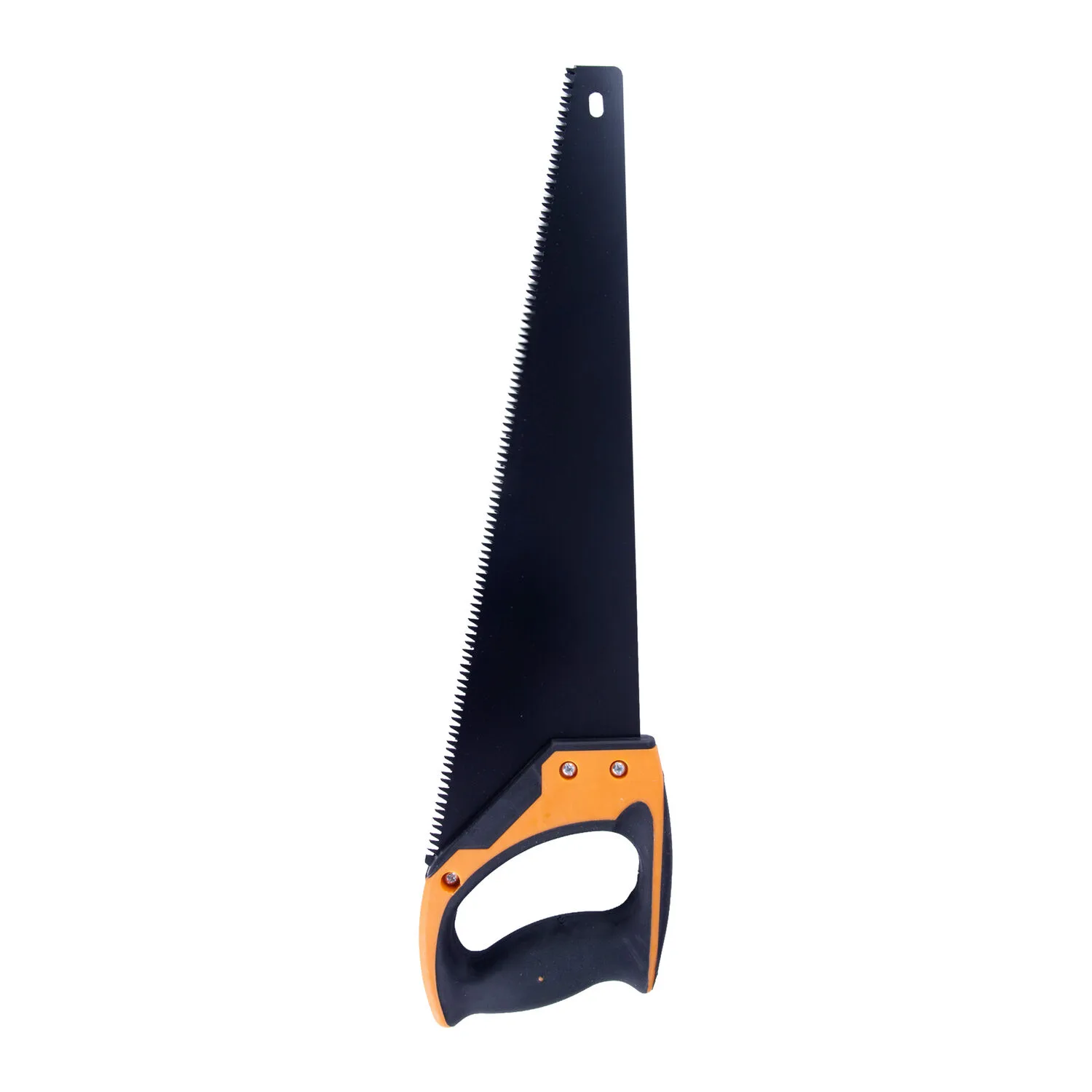 Fuchsschwanz mit schwarzem Sägeblatt und orangefarbenem Griff auf weißem Hintergrund